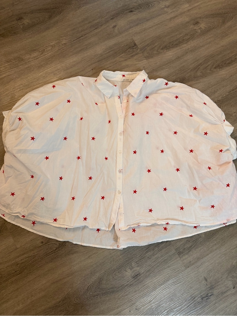 White Button-Up Blouse with Red Star Embroidery